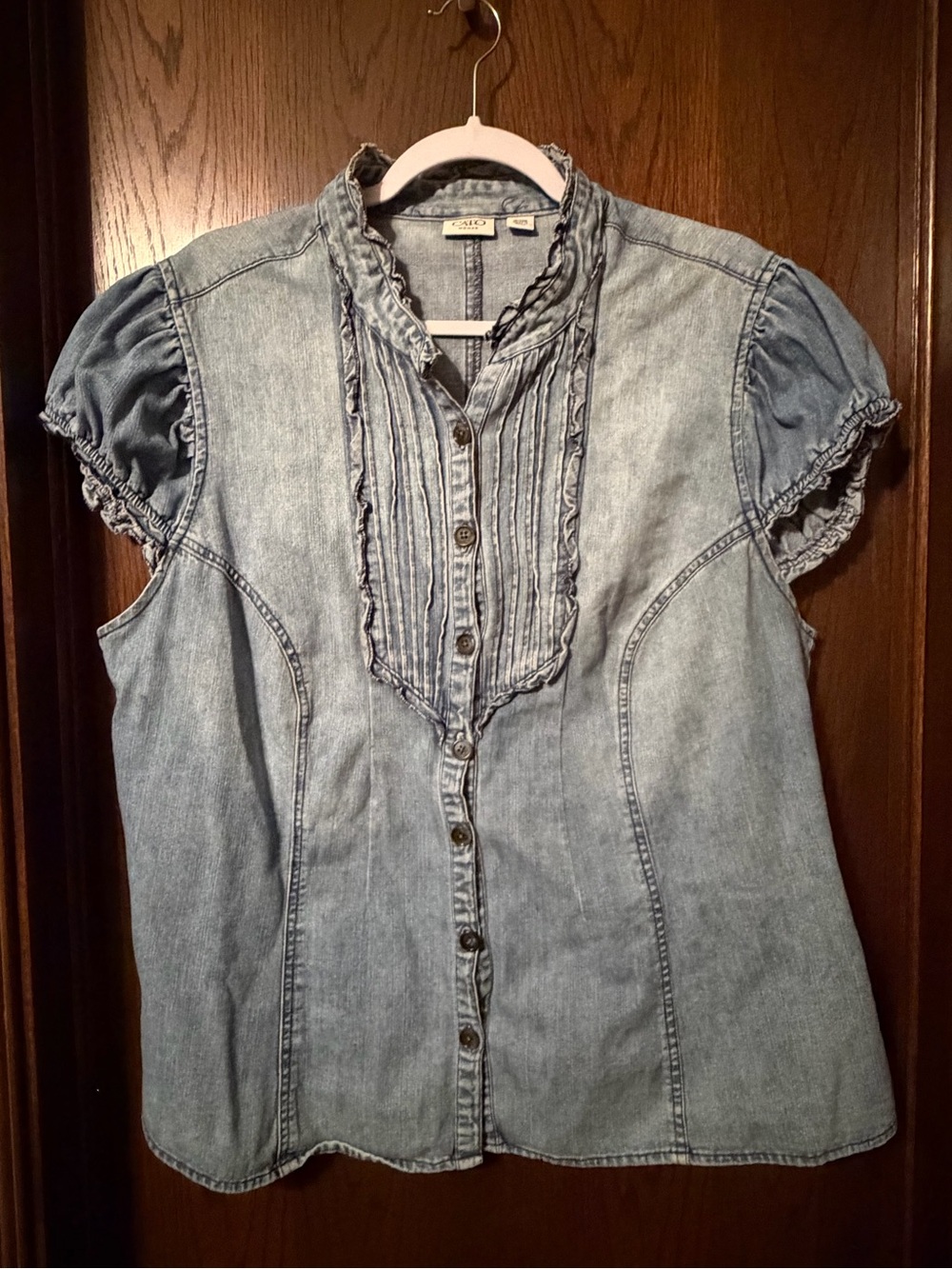 Cato Light Blue Denim Button-Down Ruffled Short Sleeve Top